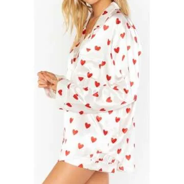 Yiulangde Galentines Day Pajamas Women 2 Piece Shorts Set Cute Heart Print Button Long Sleeve Pjs Shirt Satin Pajama Pants Lounge Sets