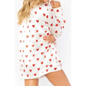 Yiulangde Galentines Day Pajamas Women 2 Piece Shorts Set Cute Heart Print Button Long Sleeve Pjs Shirt Satin Pajama Pants Lounge Sets