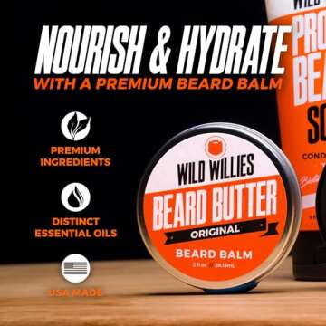 Wild Willies Beard Butter Leave-In Conditioner - Organic Beard Balm for Fast Beard Growth, Beard Care Softener - Beard Cream for Men to Remove Itch & Dandruff, Restores Moisture - 2 Oz