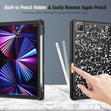 Fintie SlimShell Case for iPad Pro 11-inch (4th / 3rd Generation) 2022/2021 - Soft Flexible TPU Stand Back Cover with Pencil Holder, Also Fit iPad Pro 11" 2nd / 1st Gen, Composition Book Black
