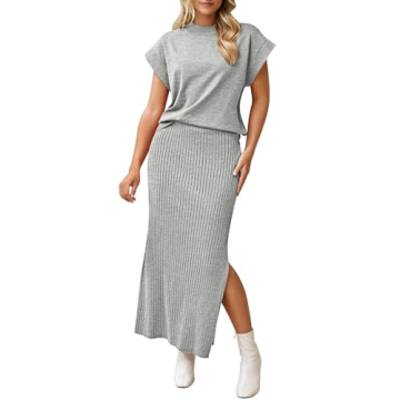 Pink Queen Women's Summer Knit Sweater Skirt Set - Stylish 2 Piece Outfit with Slit Pencil Maxi