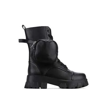 Cape Robbin Monalisa Women's Combat Boots - Ankle Boots for Women with Side Zipper and- Pouch - Women's Chunky Platform Boots - Lace-up Women Booties - Black Size 7