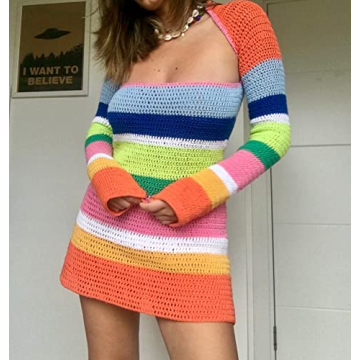 NUFIWI Women's Crochet Backless Mini Dress Colorblock Beach