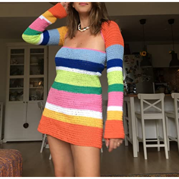 NUFIWI Women's Crochet Backless Mini Dress Colorblock Beach