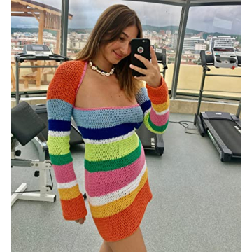 NUFIWI Women's Crochet Backless Mini Dress Colorblock Beach