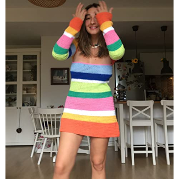 NUFIWI Women's Crochet Backless Mini Dress Colorblock Beach