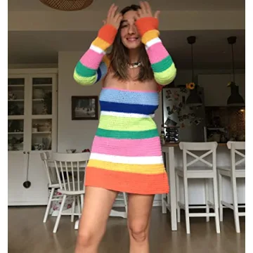 NUFIWI Women's Crochet Backless Mini Dress Colorblock Beach