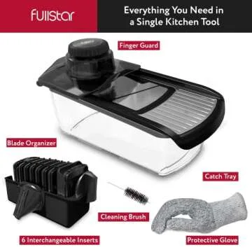 Fullstar Mandoline Slicer for Kitchen, Cucumber Slicer, Cheese Grater Vegetable Spiralizer and Veggie Slicer for Cooking, Kitchen Gadgets Organizer & Safety Glove Included (11 in 1, Stainless Steel)