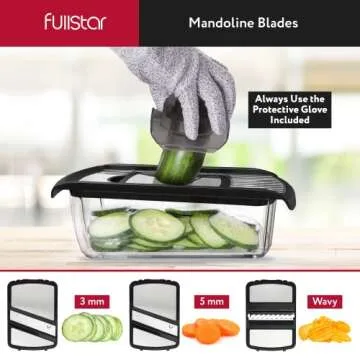 Fullstar Mandoline Slicer for Kitchen, Cucumber Slicer, Cheese Grater Vegetable Spiralizer and Veggie Slicer for Cooking, Kitchen Gadgets Organizer & Safety Glove Included (11 in 1, Stainless Steel)