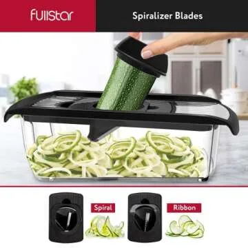 Fullstar Mandoline Slicer for Kitchen, Cucumber Slicer, Cheese Grater Vegetable Spiralizer and Veggie Slicer for Cooking, Kitchen Gadgets Organizer & Safety Glove Included (11 in 1, Stainless Steel)