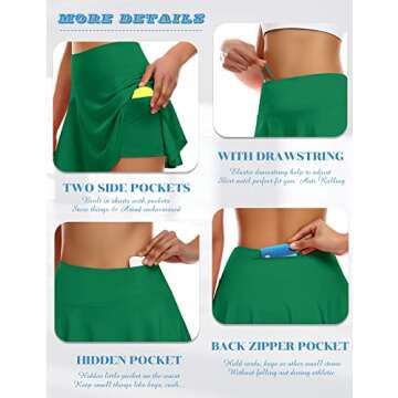 Pleated Tennis Skirt for Women with Shorts Athletic Golf Skorts with Pockets High Waisted Workout Running Skirts (Green,Small)