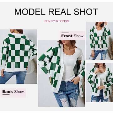 Dokotoo Cardigan for Women Lightweight Oversized Fashion 2024 V Neck Checkered Winter Fall Cozy Button Down Long Sleeve Cable Knit Cardigan Sweaters Coat Outerwear Jacket Green Medium