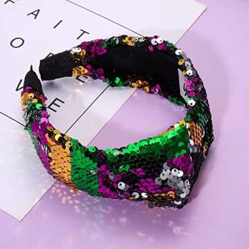 Mardi Gras Headband for Women Glitter Padded Headbands Hairband Purple Green Gold Carnival Parade Party Head band Headpiece Sparkly Boho Bling Wide Hair bands Hair Accessories Gift