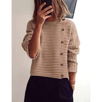 PRETTYGARDEN Womens Sweaters Fall 2025 Casual Long Sleeve Crewneck Button Loose Winter Knit Pullover Sweater Tops (Khaki,Small)