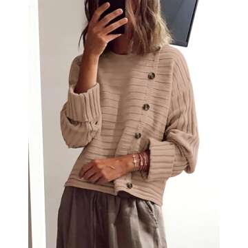 PRETTYGARDEN Womens Sweaters Fall 2025 Casual Long Sleeve Crewneck Button Loose Winter Knit Pullover Sweater Tops (Khaki,Small)