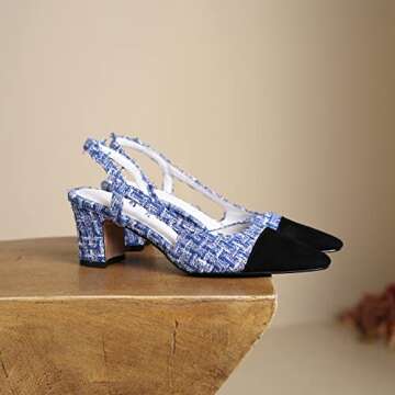 MICIFA Slingback Heels for Women，Round Toe Chunky Heeled Pumps Ankle Strap Fashion Splicing Dress Shoes