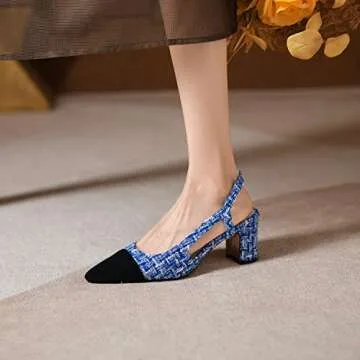 MICIFA Slingback Heels for Women，Round Toe Chunky Heeled Pumps Ankle Strap Fashion Splicing Dress Shoes