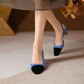 MICIFA Slingback Heels for Women，Round Toe Chunky Heeled Pumps Ankle Strap Fashion Splicing Dress Shoes