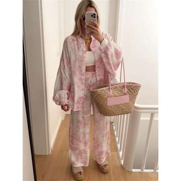 Thopavenoir Women Floral Print 2 Piece Outfits Lantern Sleeve Button Down Shirt Wide Leg Pleated Pants 2Pcs Lounge Sets (Pink, L)