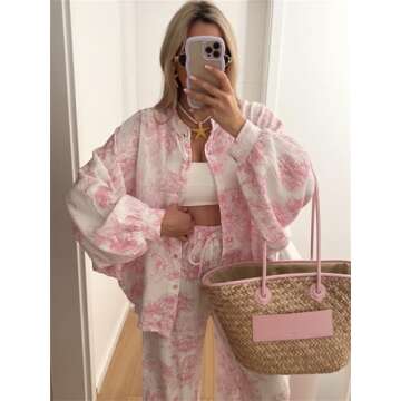 Thopavenoir Women Floral Print 2 Piece Outfits Lantern Sleeve Button Down Shirt Wide Leg Pleated Pants 2Pcs Lounge Sets (Pink, L)