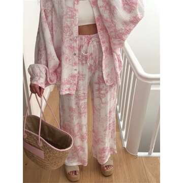 Thopavenoir Women Floral Print 2 Piece Outfits Lantern Sleeve Button Down Shirt Wide Leg Pleated Pants 2Pcs Lounge Sets (Pink, L)