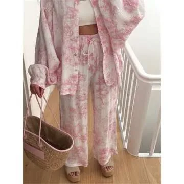 Thopavenoir Women Floral Print 2 Piece Outfits Lantern Sleeve Button Down Shirt Wide Leg Pleated Pants 2Pcs Lounge Sets (Pink, L)