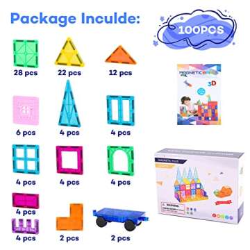Anbalulu Magnetic Tiles, 100PCS Magnetic Blocks for Kids, Magnet Building Set with 2 Cars, Construct...