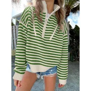 ANRABESS Womens Striped Sweaters Long Sleeve Casual Half Zip Knit Pullover Tops 2024 Fall Comfy Loose Ribbed Sweater Medium