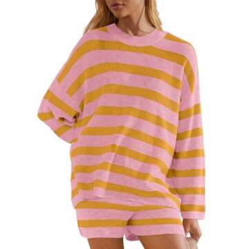 Panadila Womens Striped Sweater Set Oversized Lounge Sets Matching Pajamas Long Sleeve Sweater Top and Shorts (Light Yellow Pink,L)
