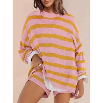 Panadila Womens Striped Sweater Set Oversized Lounge Sets Matching Pajamas Long Sleeve Sweater Top and Shorts (Light Yellow Pink,L)