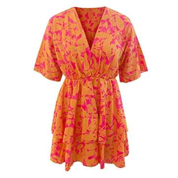 Batwing Sleeve Dresses for Women,2023 Summer Trendy Elegant Floral Beach Dress,Casual Loose V Neck Elastic Waist Mini Dress,Flowy Ruched Boho Dress Hawaiian Outfits(A-Hot Pink,XL)