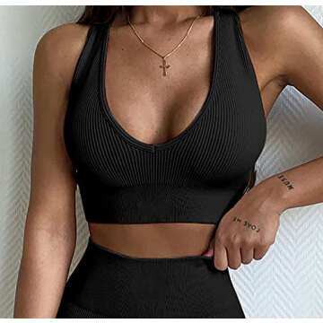 LNSK Women 2 Piece Workout Set Seamless Super Soft Ribbed Deep V Neck Bra Gym Shorts Sports Suit Yoga Outfits Black