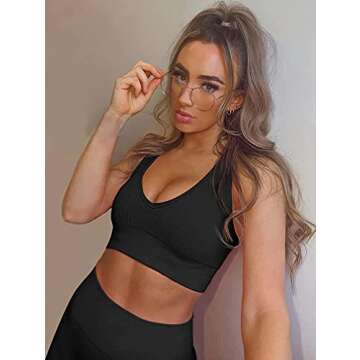 LNSK Women 2 Piece Workout Set Seamless Super Soft Ribbed Deep V Neck Bra Gym Shorts Sports Suit Yoga Outfits Black