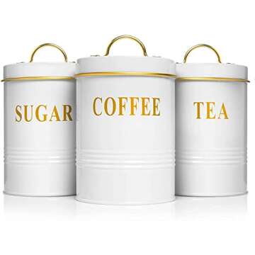 Airtight Tea Coffee Sugar Canister Set with Lids for Fresher Goods - White Farmhouse Canisters for Storage and Organization - Durable Coffee Sugar Container Set - Vintage, Rustic Kitchen Canisters