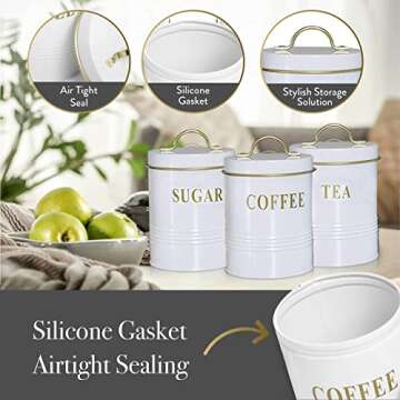 Airtight Tea Coffee Sugar Canister Set with Lids for Fresher Goods - White Farmhouse Canisters for Storage and Organization - Durable Coffee Sugar Container Set - Vintage, Rustic Kitchen Canisters
