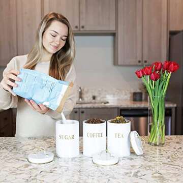 Airtight Tea Coffee Sugar Canister Set with Lids for Fresher Goods - White Farmhouse Canisters for Storage and Organization - Durable Coffee Sugar Container Set - Vintage, Rustic Kitchen Canisters