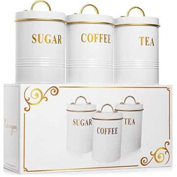 Airtight Tea Coffee Sugar Canister Set with Lids for Fresher Goods - White Farmhouse Canisters for Storage and Organization - Durable Coffee Sugar Container Set - Vintage, Rustic Kitchen Canisters