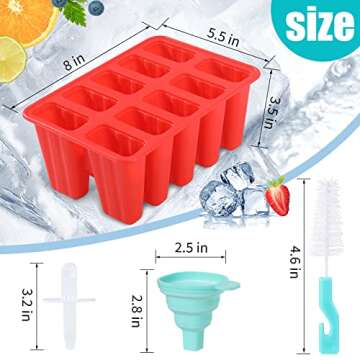 Popsicle Molds,Silicone Ice Pop Molds,BPA Free Popsicle Mold Reusable Easy Release Ice Pop Maker,Homemade Popsicle Mould with Silicone Funnel and Cleaning Brush (Red, 10 Cavities)