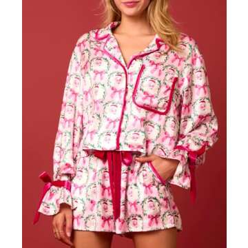 Argeousgor Women Christmas Satin Pajamas Bow Tie 2 Piece Pjs Set Long Sleeve Button Down Shirt Ruffle Shorts Sleepwear