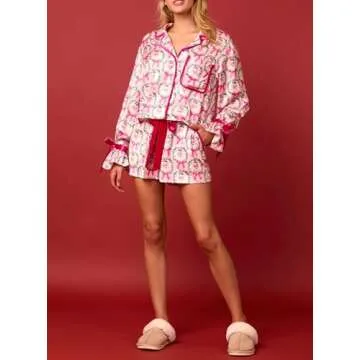 Argeousgor Women Christmas Satin Pajamas Bow Tie 2 Piece Pjs Set Long Sleeve Button Down Shirt Ruffle Shorts Sleepwear