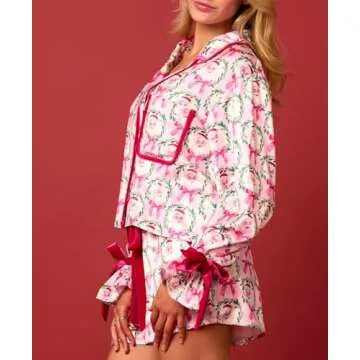 Argeousgor Women Christmas Satin Pajamas Bow Tie 2 Piece Pjs Set Long Sleeve Button Down Shirt Ruffle Shorts Sleepwear