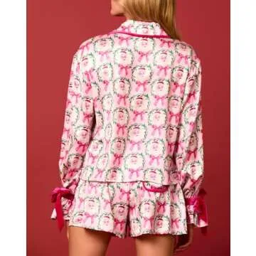 Argeousgor Women Christmas Satin Pajamas Bow Tie 2 Piece Pjs Set Long Sleeve Button Down Shirt Ruffle Shorts Sleepwear