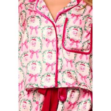 Argeousgor Women Christmas Satin Pajamas Bow Tie 2 Piece Pjs Set Long Sleeve Button Down Shirt Ruffle Shorts Sleepwear