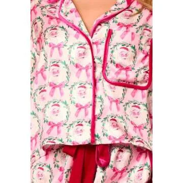 Argeousgor Women Christmas Satin Pajamas Bow Tie 2 Piece Pjs Set Long Sleeve Button Down Shirt Ruffle Shorts Sleepwear