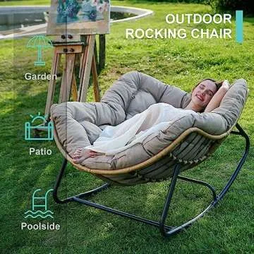 SWITTE Outdoor Rocking Chair, Patio Egg Rocking Chair, Indoor Papasan Chair, Rattan Wicker Lounge Chair, Modern Royal Chair for Bedroom, Living Room, Porch, Garden, Lawn-Beige