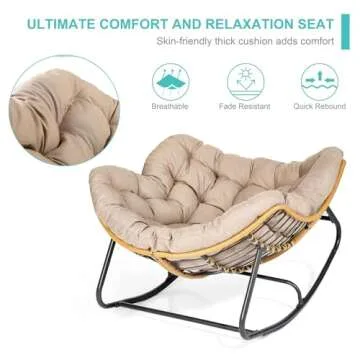 SWITTE Outdoor Rocking Chair, Patio Egg Rocking Chair, Indoor Papasan Chair, Rattan Wicker Lounge Chair, Modern Royal Chair for Bedroom, Living Room, Porch, Garden, Lawn-Beige