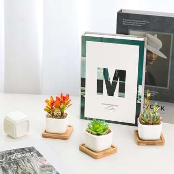 T4U 2 Inch Small White Succulent Planter Pots with Bamboo Tray Square Set of 6, Ceramic Flower Pots Cactus Air PlantContainers,Succulent Plant Gifts for Women Coworker, Modern Home and Office Decor