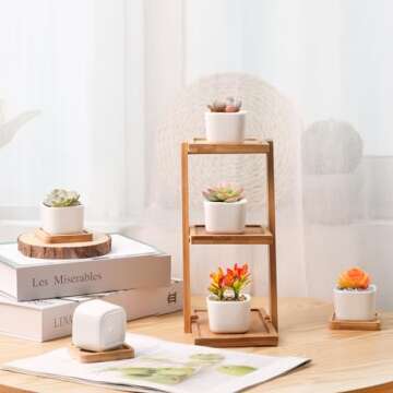 T4U 2 Inch Small White Succulent Planter Pots with Bamboo Tray Square Set of 6, Ceramic Flower Pots Cactus Air PlantContainers,Succulent Plant Gifts for Women Coworker, Modern Home and Office Decor
