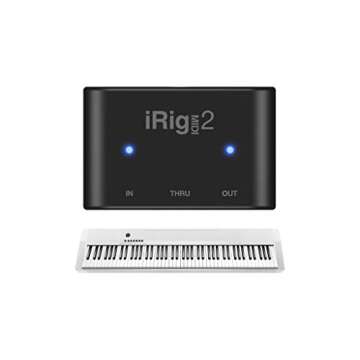IK Multimedia iRig MIDI 2 universal MIDI interface with In, Out, and THRU ports, activity indicators for iPhone, iPad, Android, Mac, PC