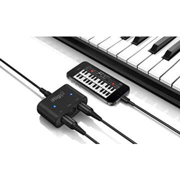 IK Multimedia iRig MIDI 2 universal MIDI interface with In, Out, and THRU ports, activity indicators for iPhone, iPad, Android, Mac, PC